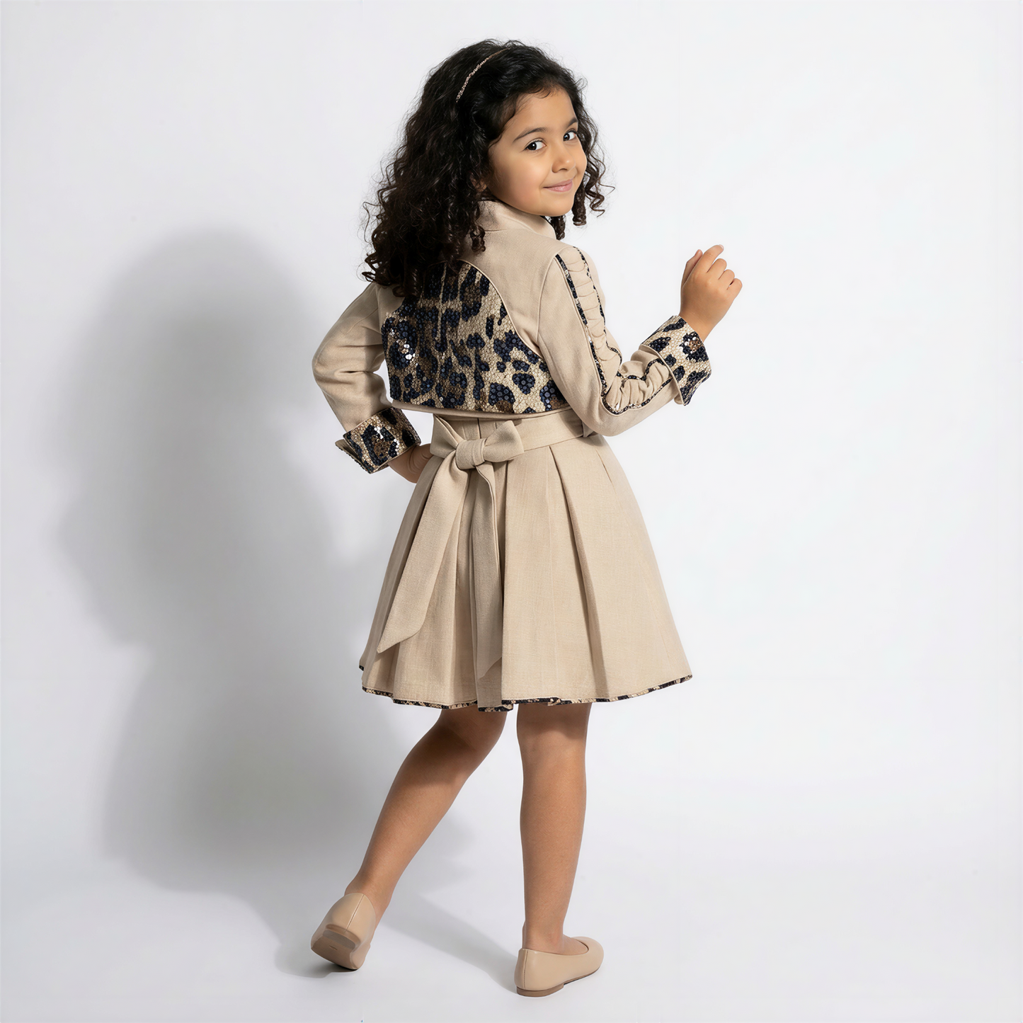 Girls Sequin Panel Dress Set with Jacket - Offwhite