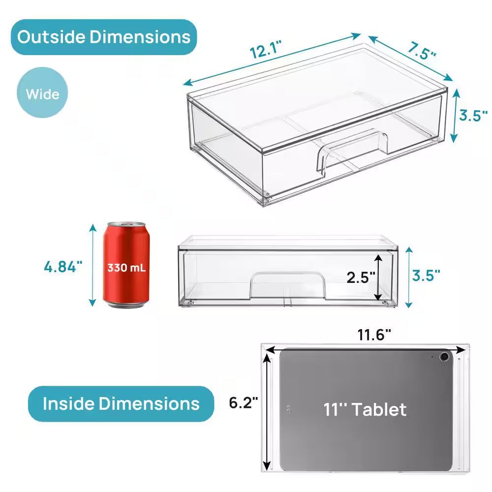 4-Piece 12.1 In. W Clear Acrylic Plastic Stackable Storage Drawers for Makeup Palettes, Cosmetics, and Beauty Supplies