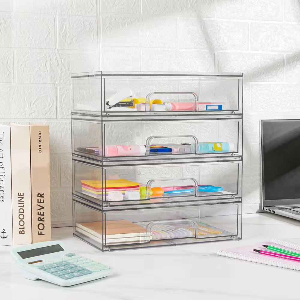 4-Piece 12.1 In. W Clear Acrylic Plastic Stackable Storage Drawers for Makeup Palettes, Cosmetics, and Beauty Supplies