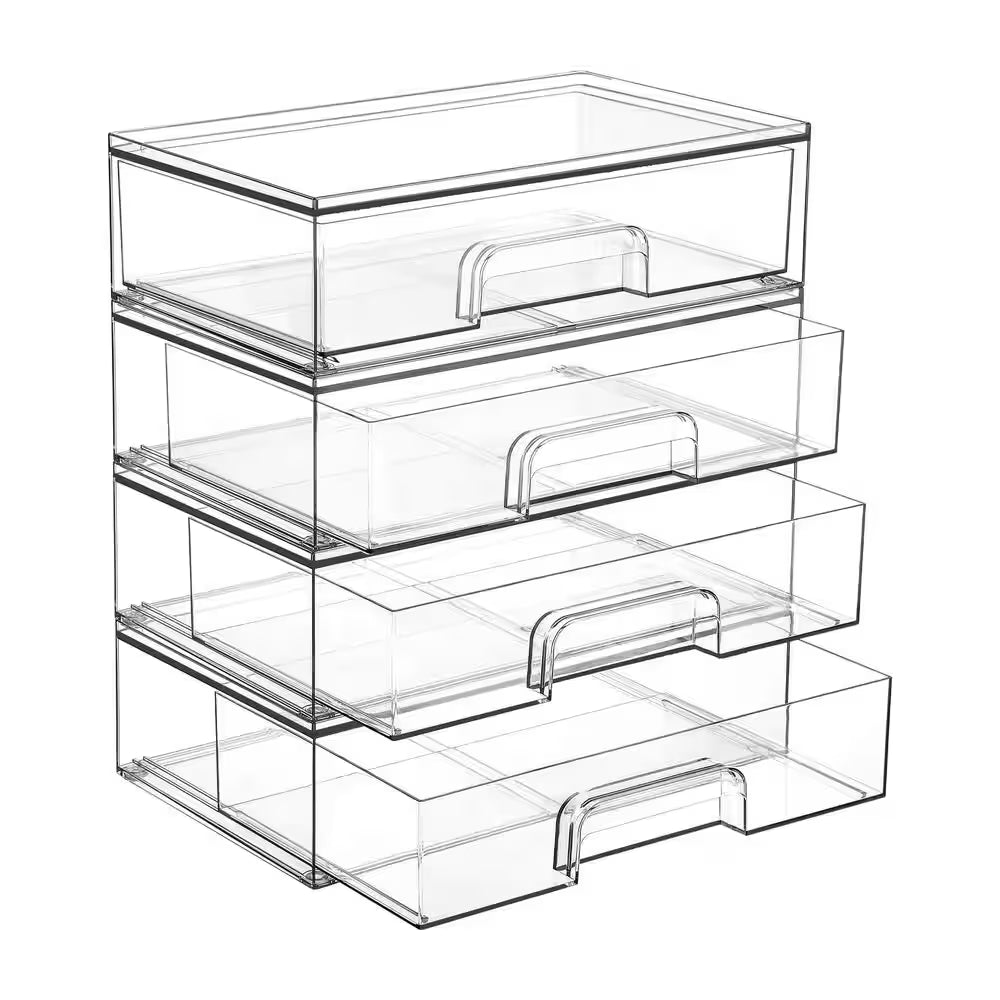 4-Piece 12.1 In. W Clear Acrylic Plastic Stackable Storage Drawers for Makeup Palettes, Cosmetics, and Beauty Supplies