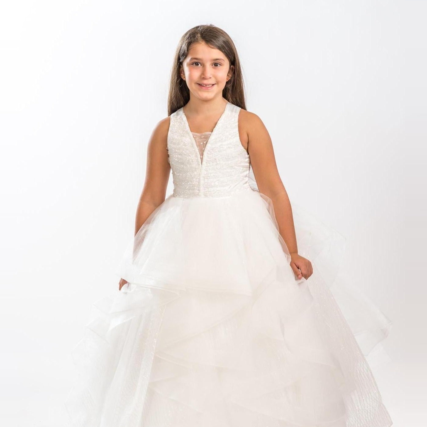 Girls Sequin Formal Gown - Offwhite