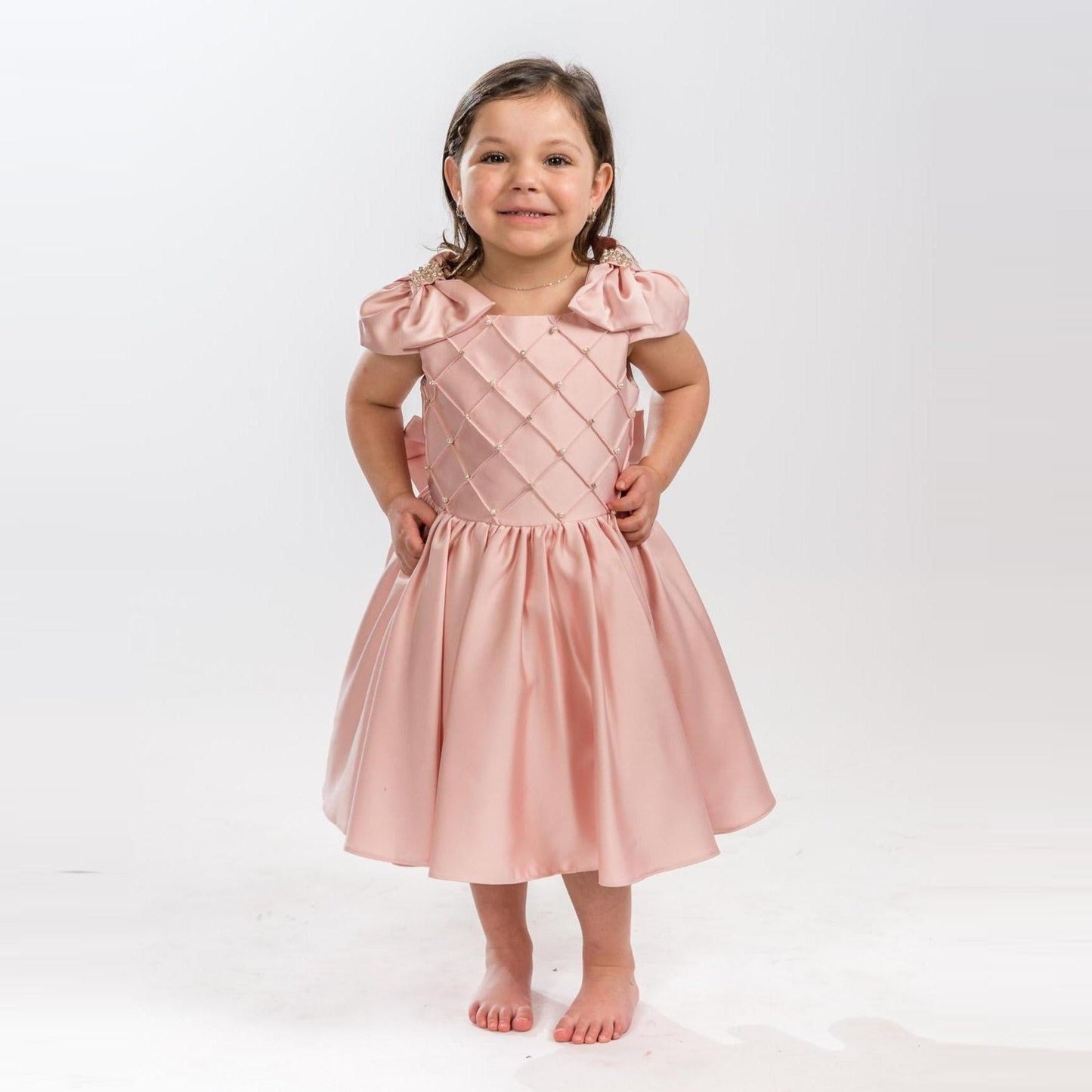 Girls Satin Formal Dress with Bows - Offwhite