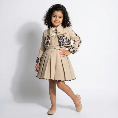 Girls Sequin Panel Dress Set with Jacket - Offwhite