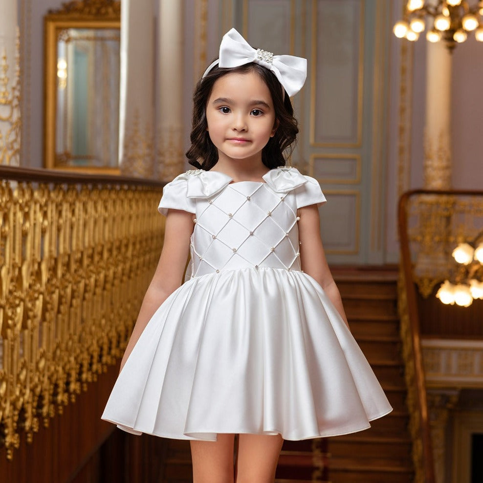 Girls Satin Formal Dress with Bows - Offwhite