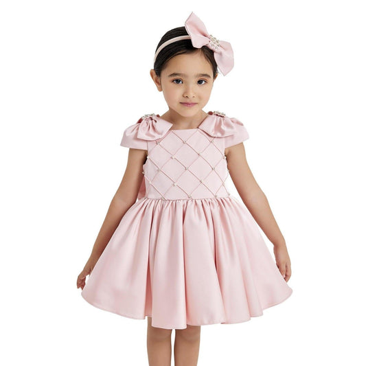 Girls Satin Formal Dress with Bows - Offwhite
