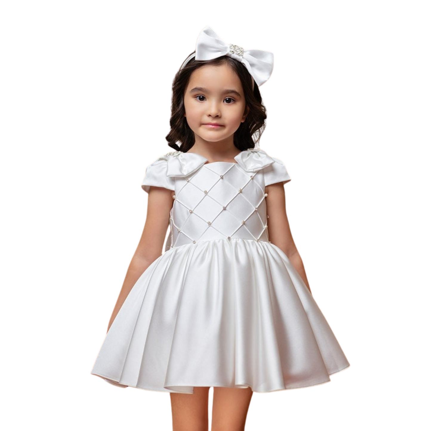 Girls Satin Formal Dress with Bows - Offwhite