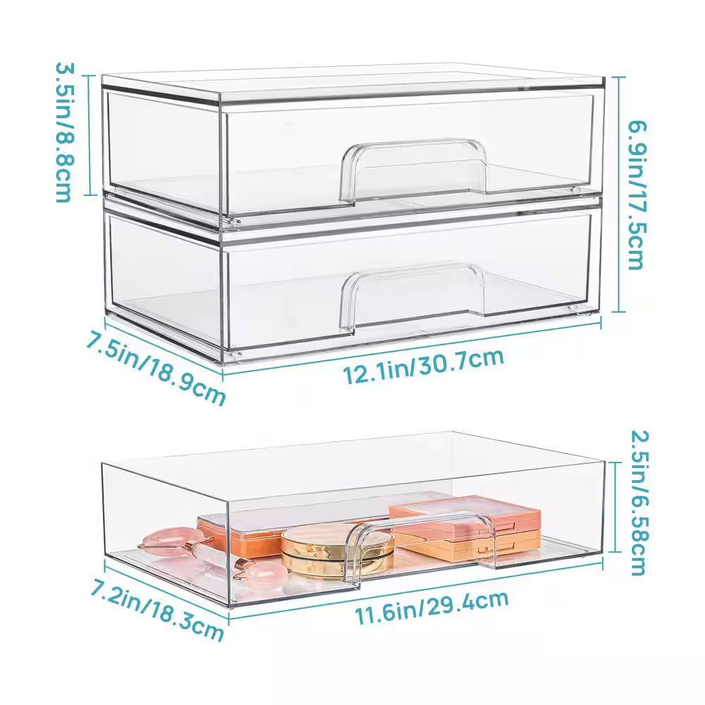 4-Piece 12.1 In. W Clear Acrylic Plastic Stackable Storage Drawers for Makeup Palettes, Cosmetics, and Beauty Supplies