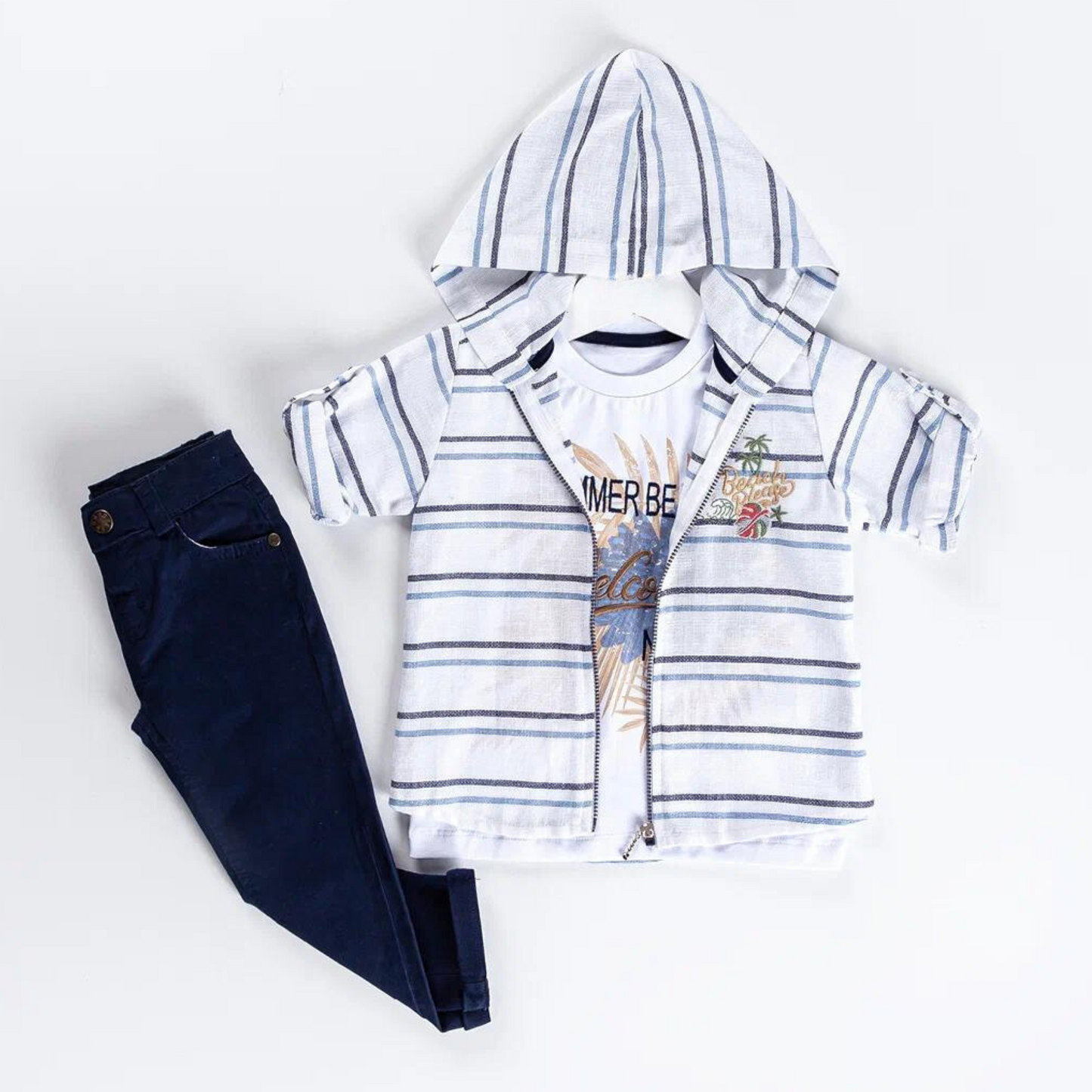 Boys Summer Casual Set with Hooded Shirt - Blue