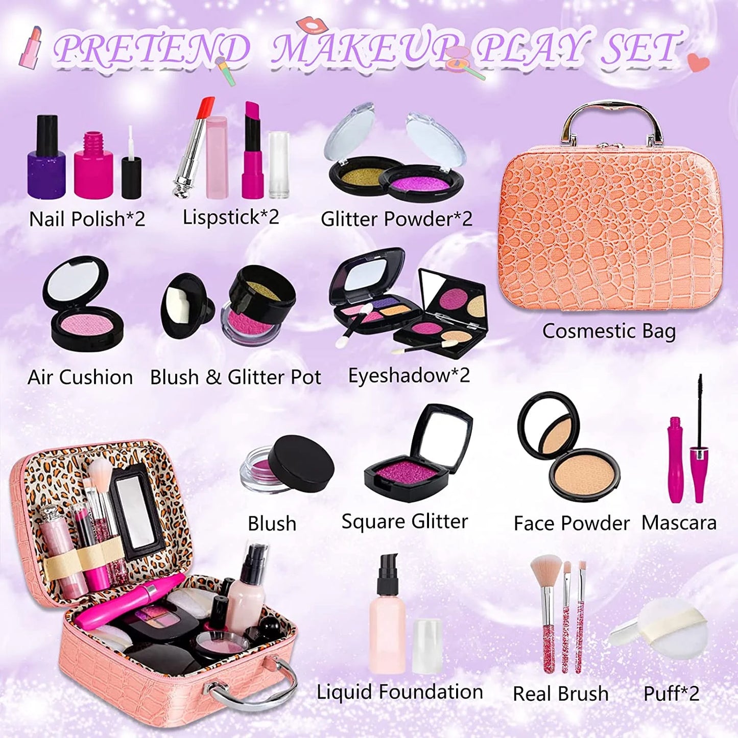 Kids Makeup Kit for Girl with Make up Remover - Non Toxic Play Princess Cosmetic Set - Ideal Birthday for Little Girls Ages 3+Year Old Children (Not Real Makeup)