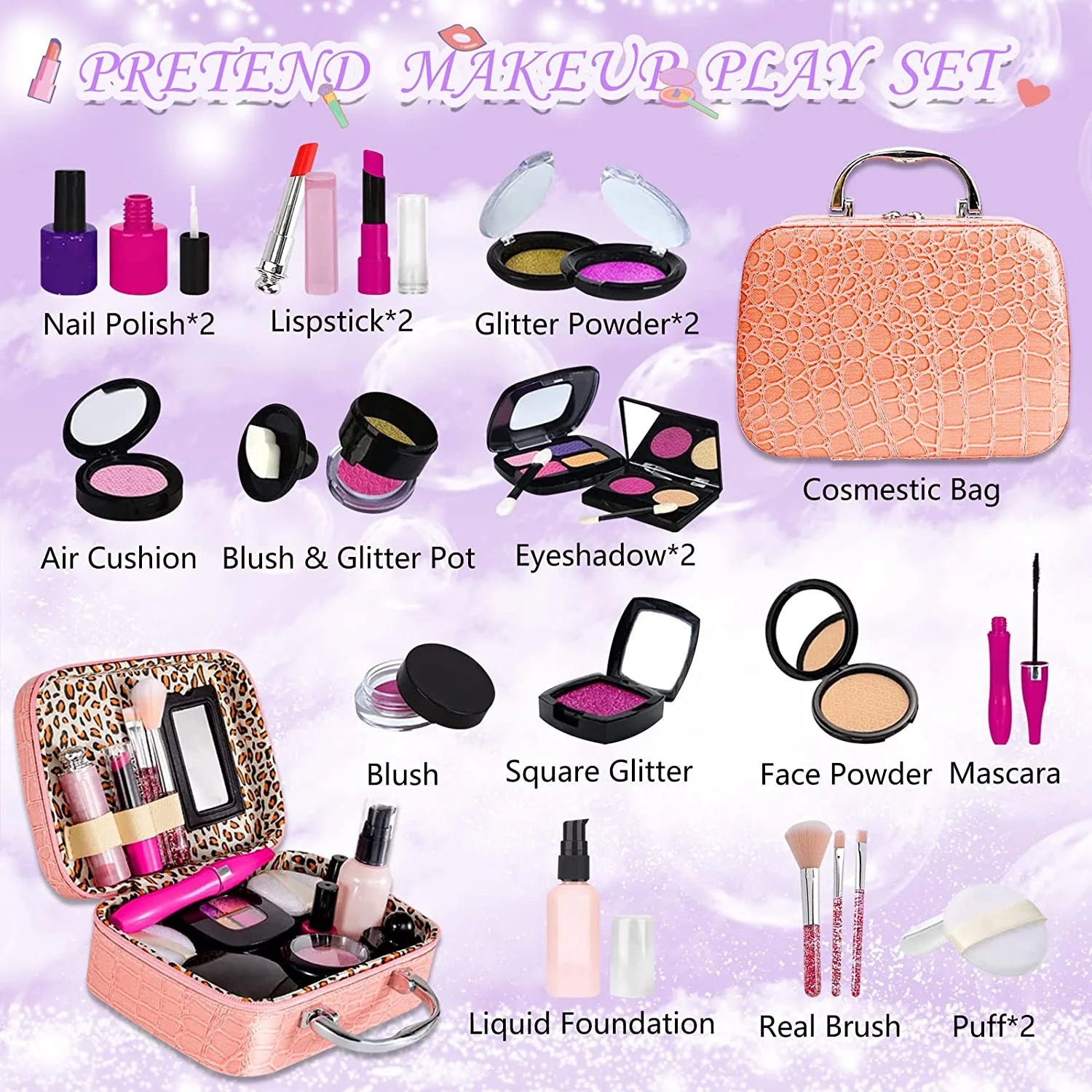 Kids Makeup Kit for Girl with Make up Remover - Non Toxic Play Princess Cosmetic Set - Ideal Birthday for Little Girls Ages 3+Year Old Children (Not Real Makeup)