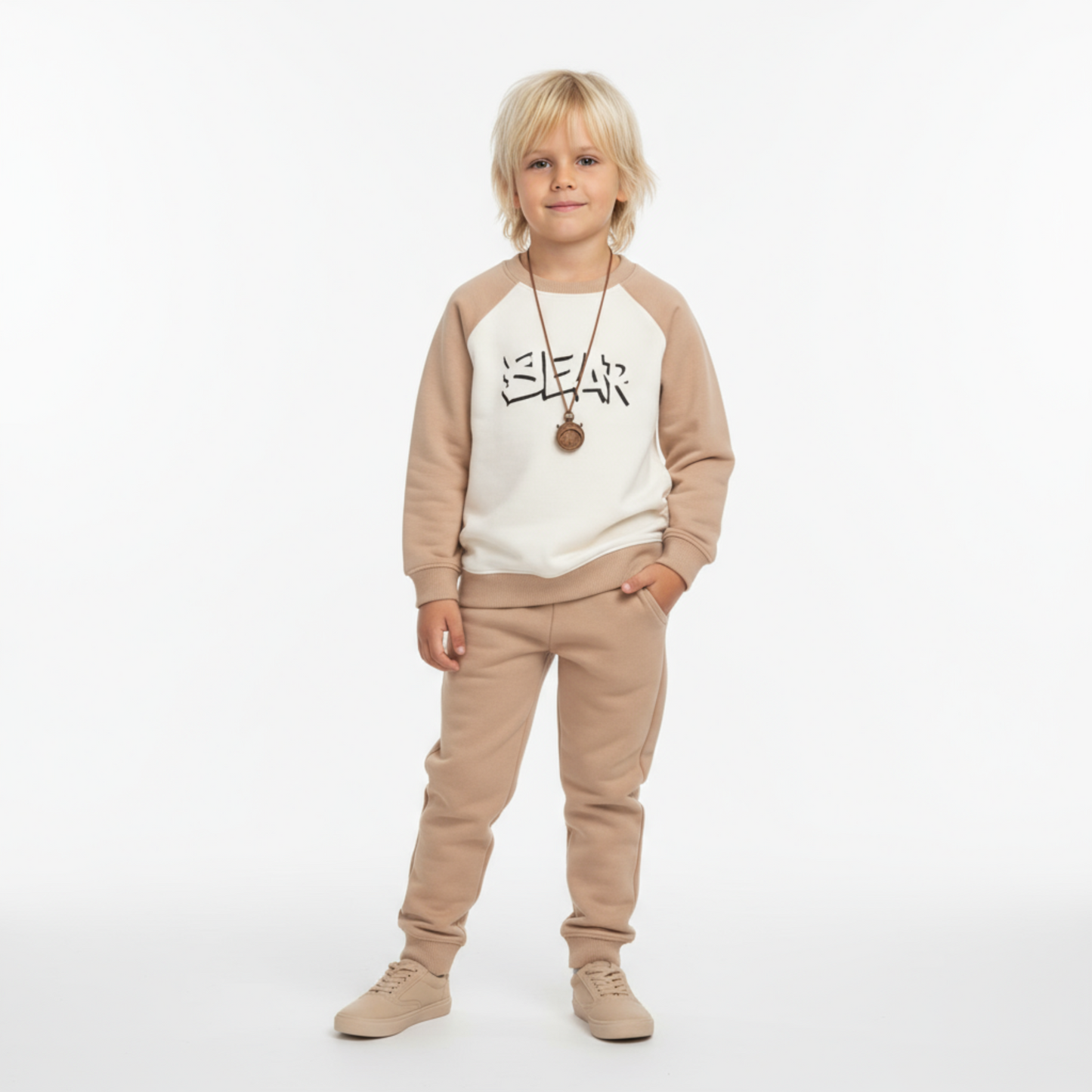 Boys BEAR Jogger Set with Dog Chain - Beige